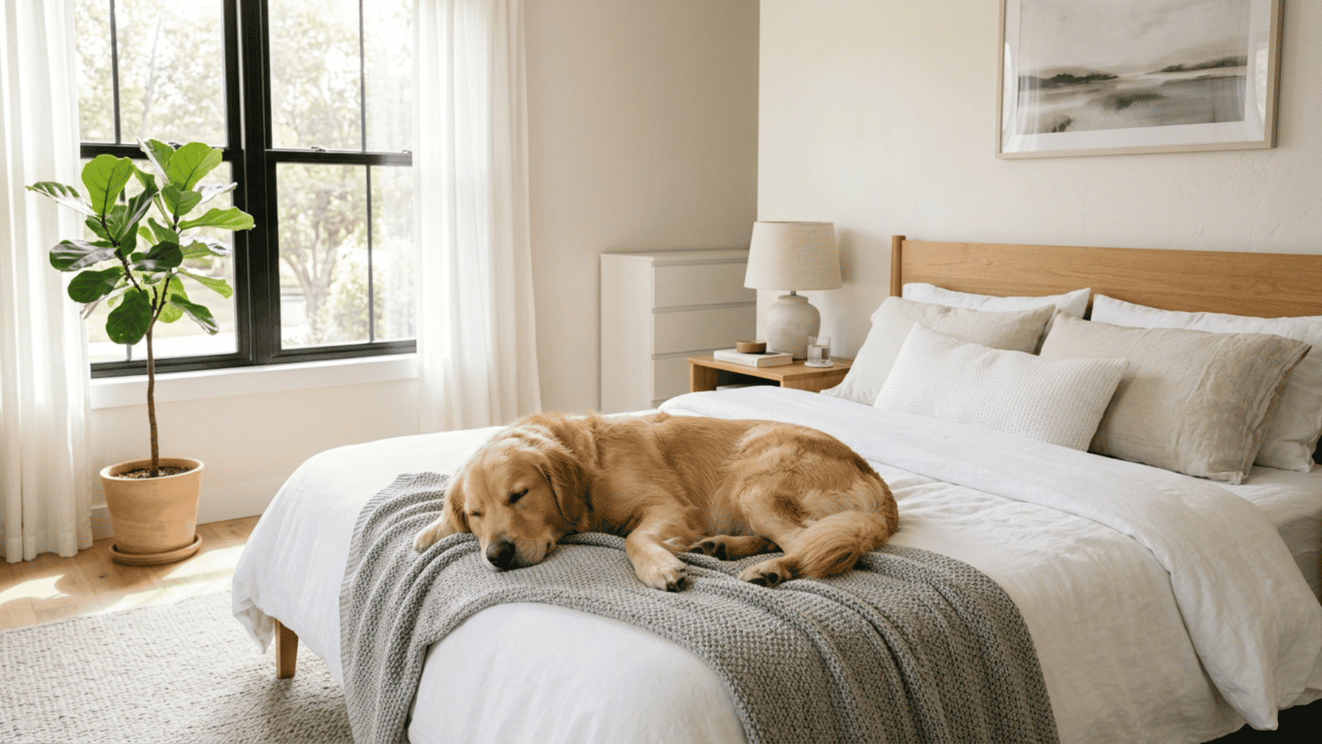 Dog resting on a clean bed with fresh sheets in a bright, tidy bedroom.