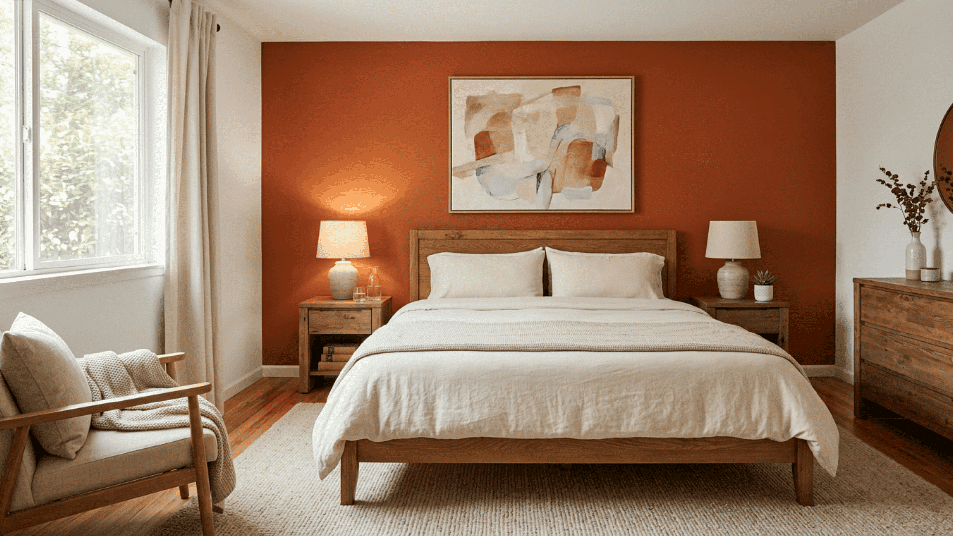 Guest bedroom with a burnt orange accent wall and neutral bedding