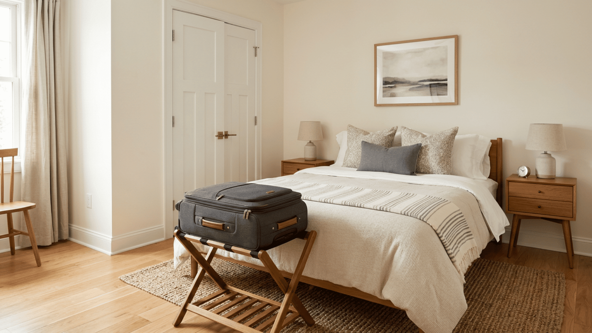 Folding luggage rack with a suitcase beside a guest room closet