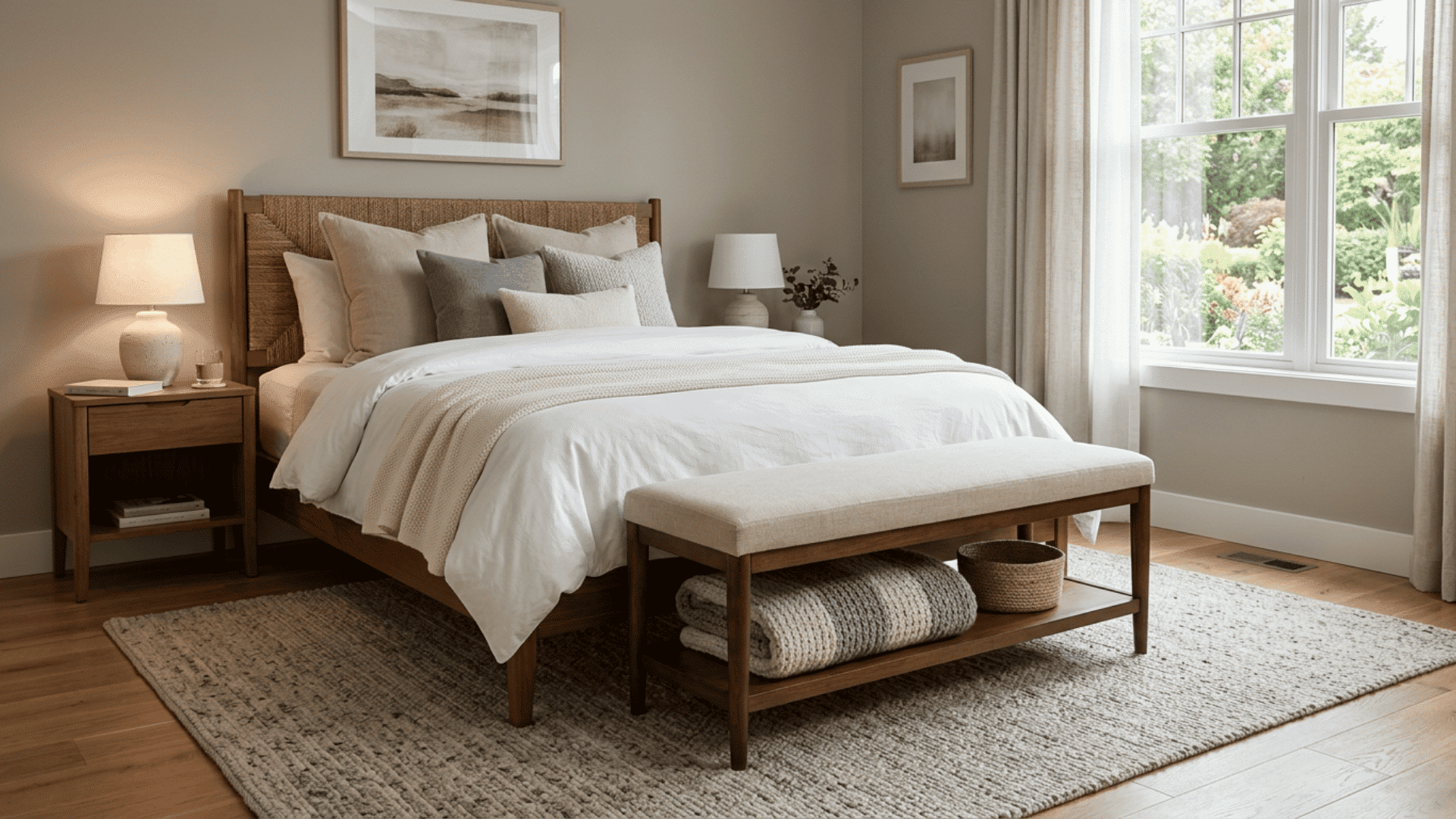 Narrow upholstered bench placed at the foot of a guest bed