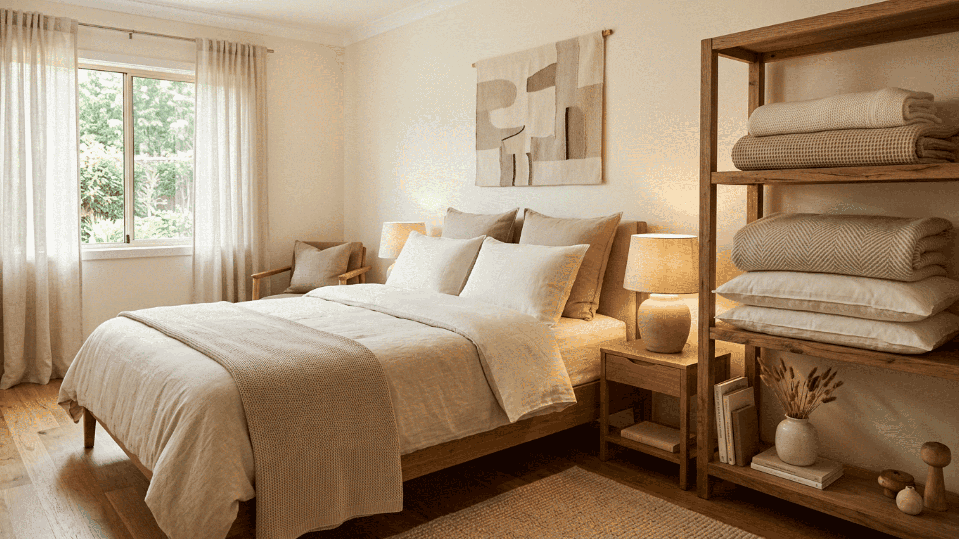 Folded blankets and extra pillows stored beside a neatly made guest bed