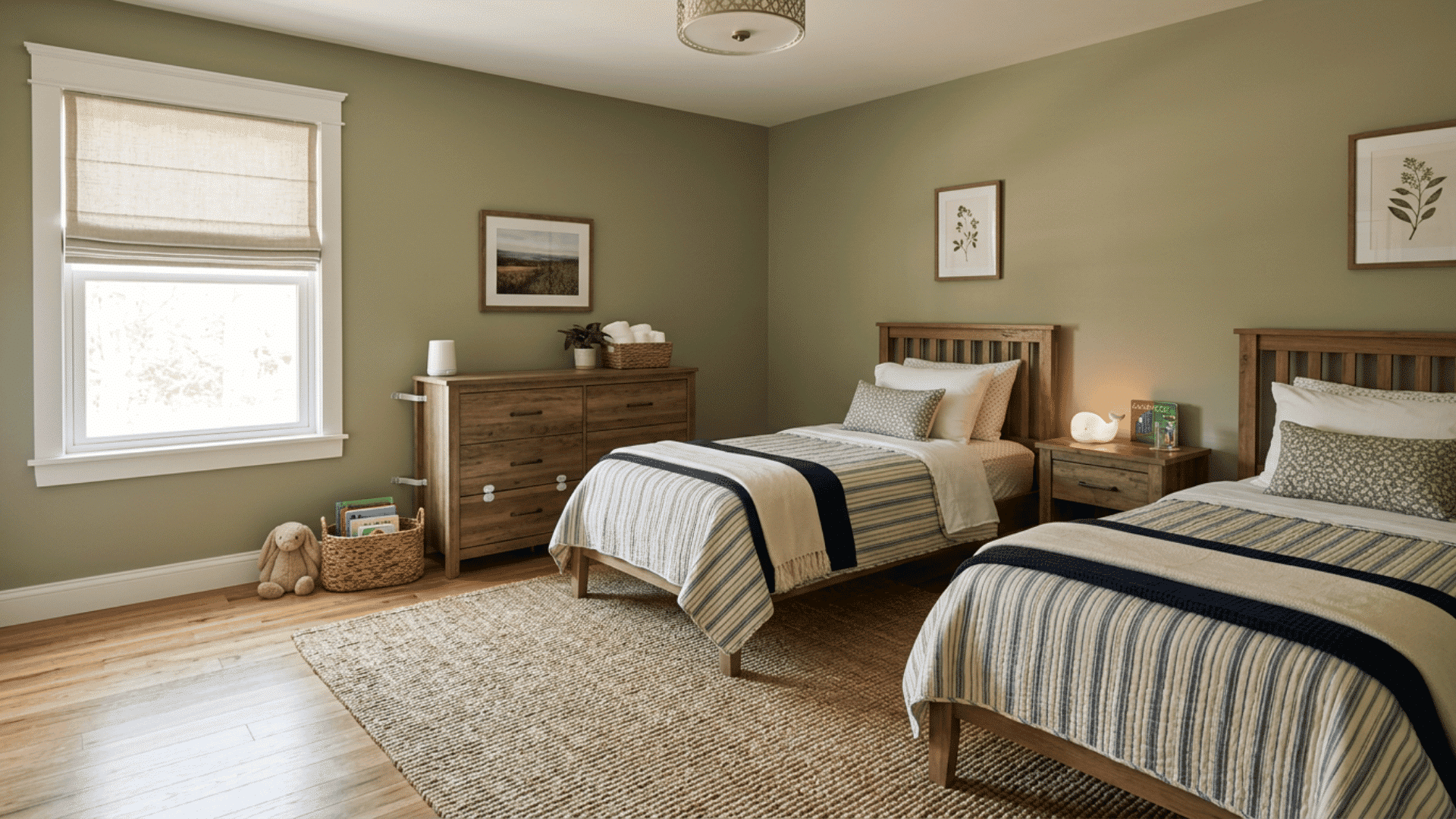 Family guest bedroom with twin beds, open floor space, and a night light