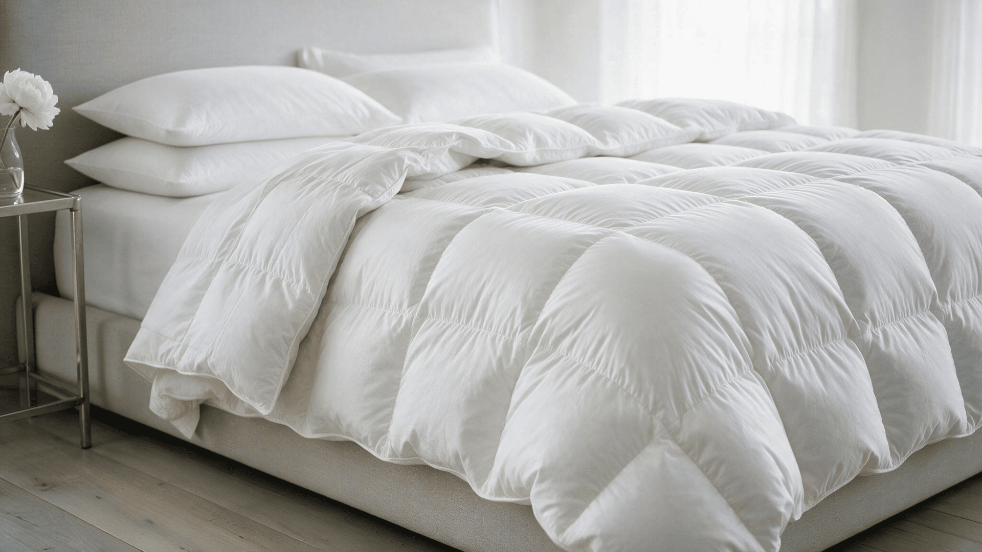 Plush white down alternative comforter with baffle-box stitching spread on a bed in a bright airy bedroom