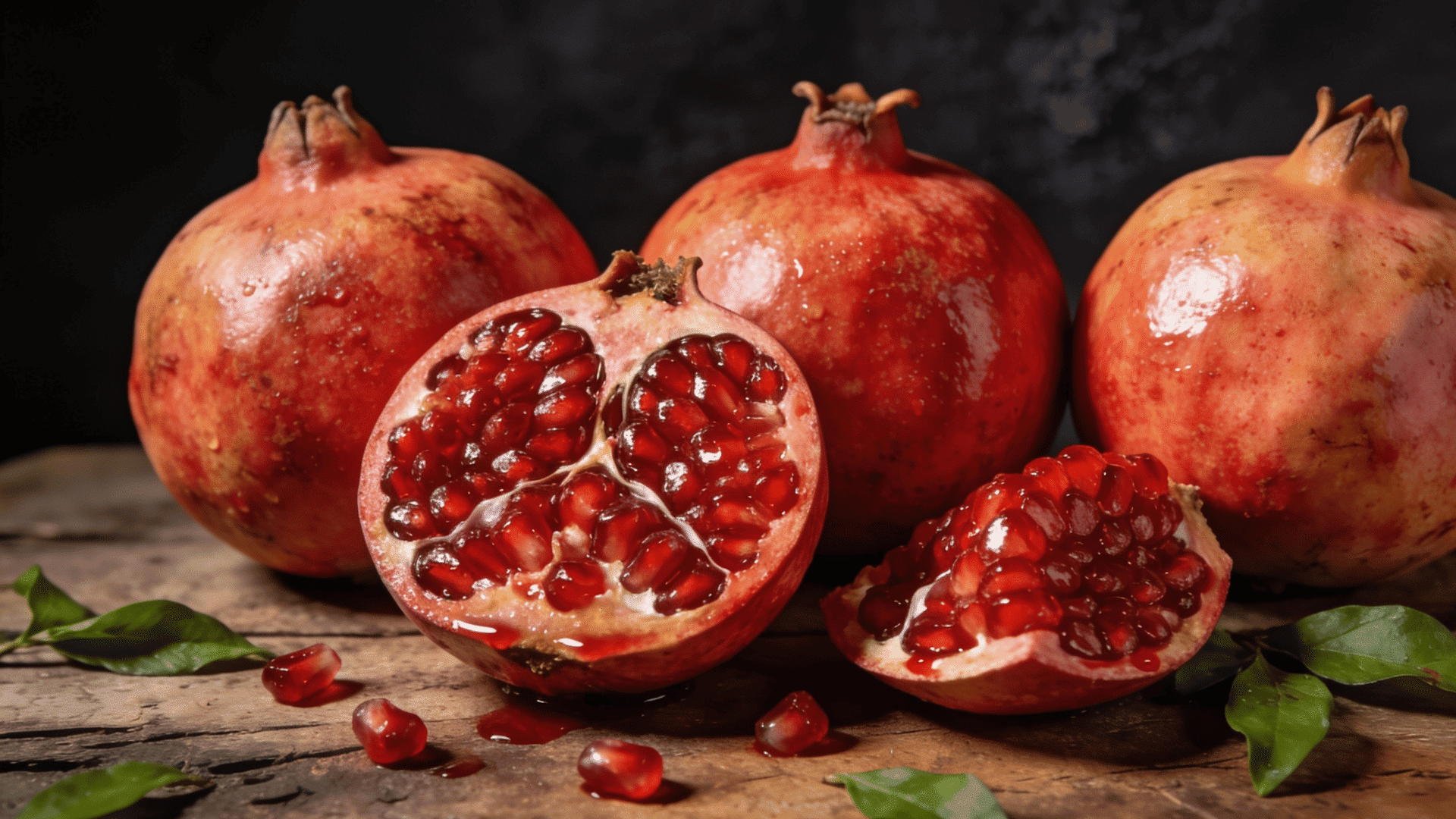 whole and sliced pomegranates with glossy red seeds on a rustic wooden table