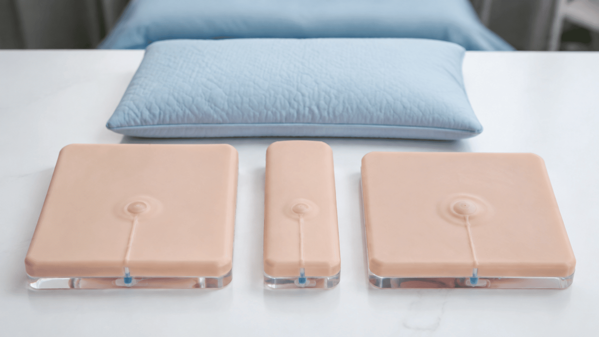 three silicone port models in various shapes arranged below a light blue pillow.