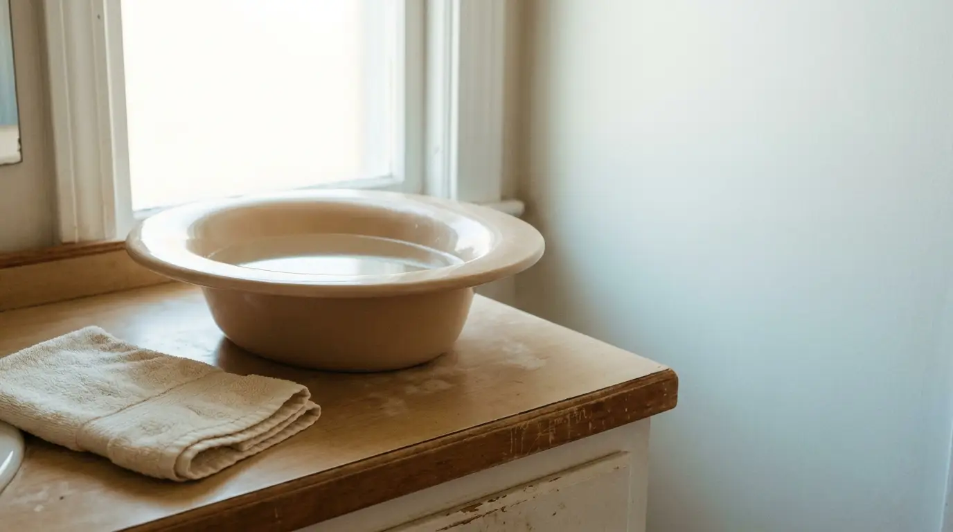 Cream basin with water on wooden counter next to folded towel in bright bathroom