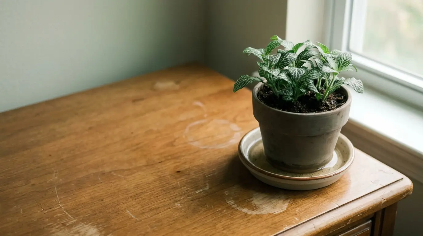 Potted plant with green leaves on wooden table near window in natural light