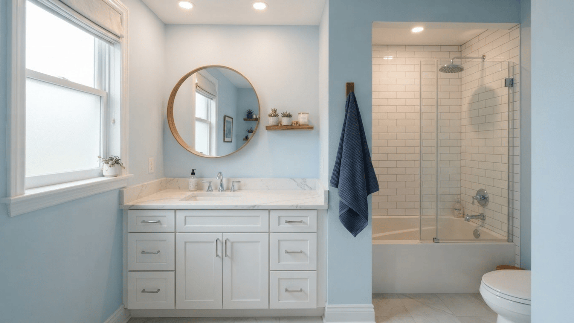 powder blue bathroom with white vanity, tiled tub, chrome fixtures, and navy towel