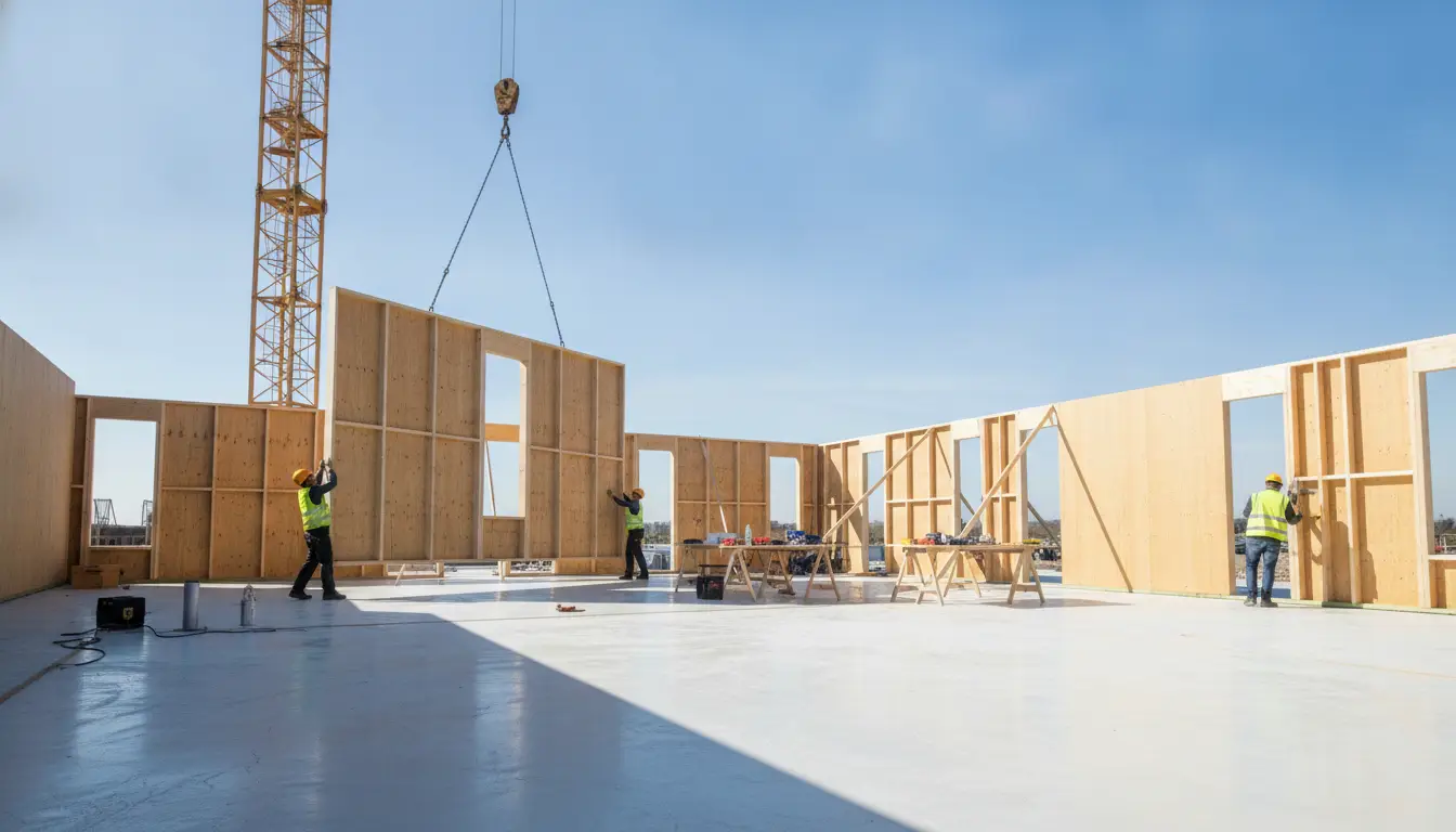 Construction workers assembling wooden walls on outdoor building site under blue sky