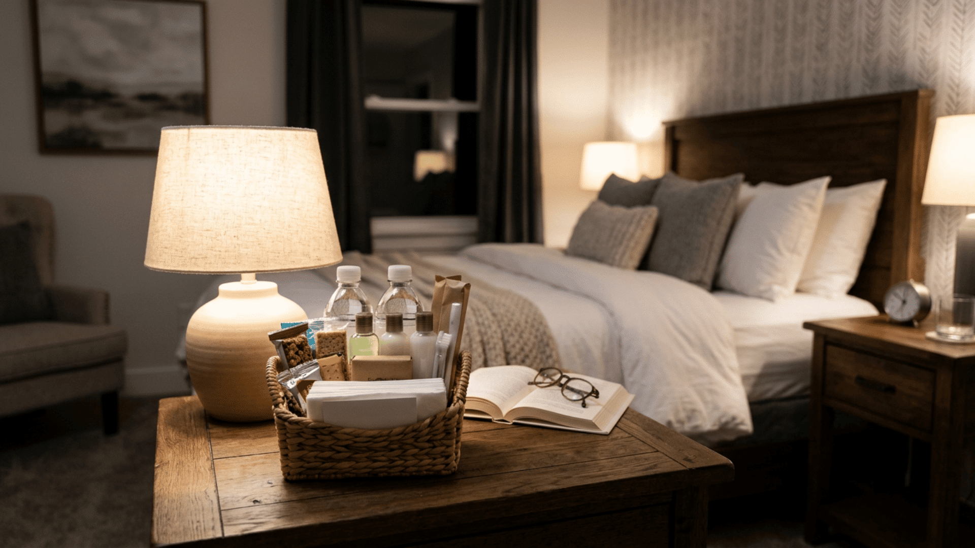 Guest room welcome basket with toiletries, snacks, and bottled water
