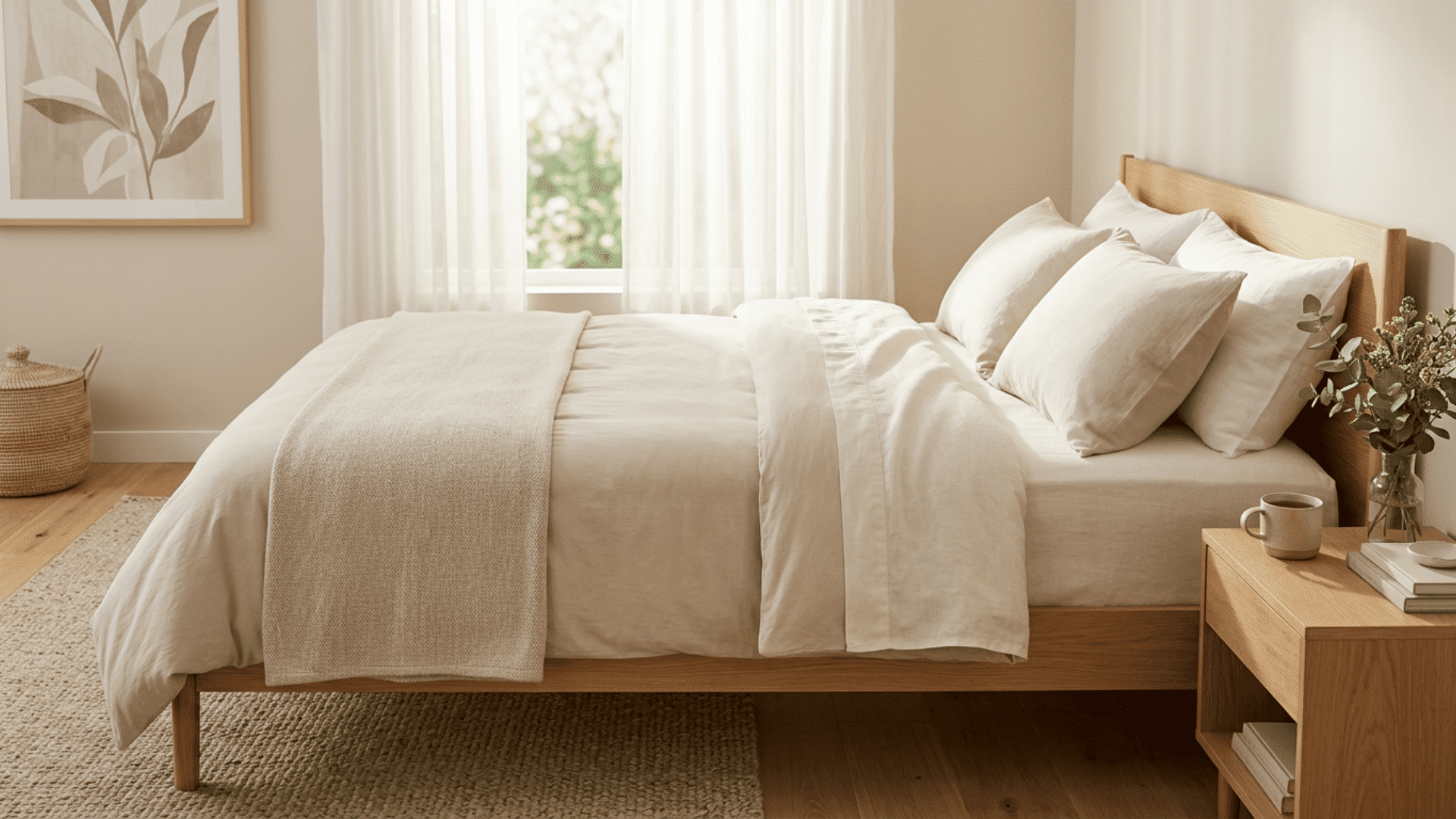 sunlit neutral bedroom with a cushioned bed, white linens, and warm wooden decor