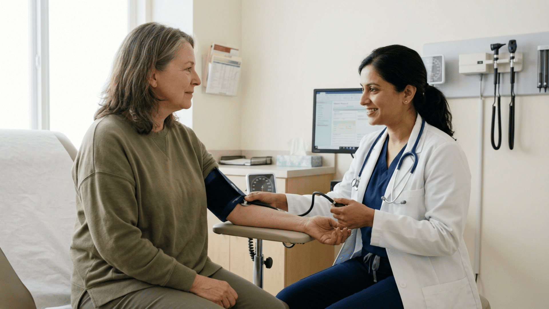 Patient receiving a routine preventive health checkup from a doctor in a clean clinic.