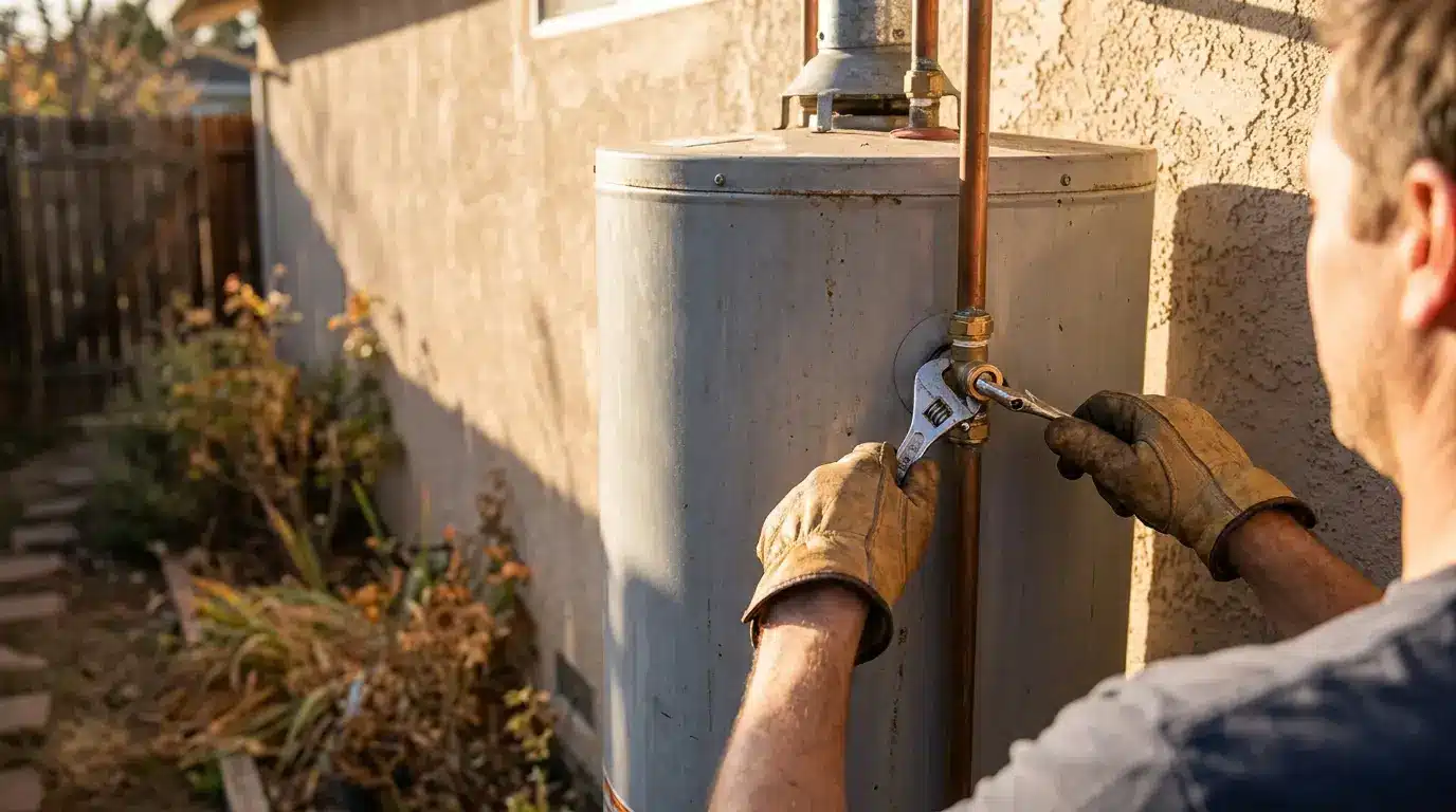 Man using wrench on outdoor water heater in sunlit backyard