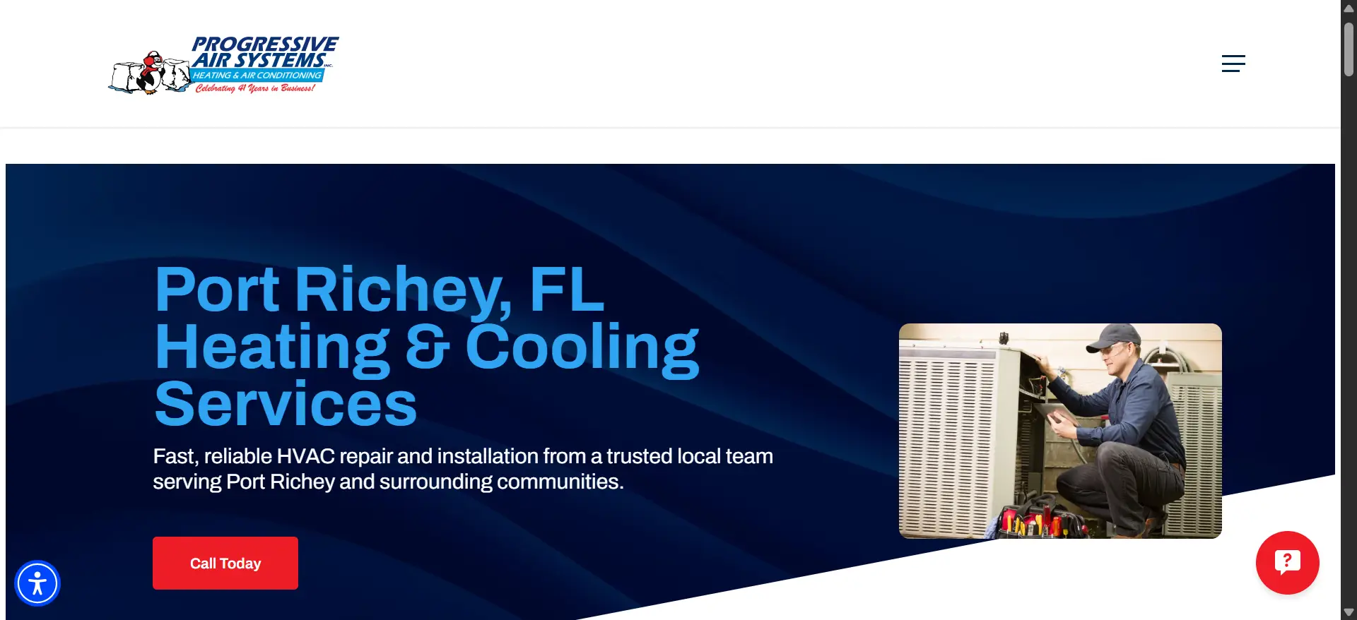 Technician in blue uniform repairing HVAC unit outdoors with tool bag nearby