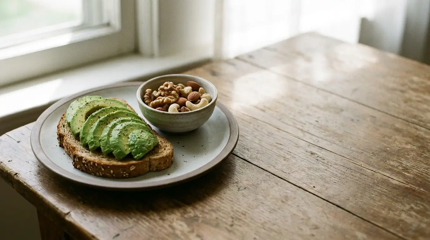 Avocado toast with mixed nuts on rustic wooden table by a window