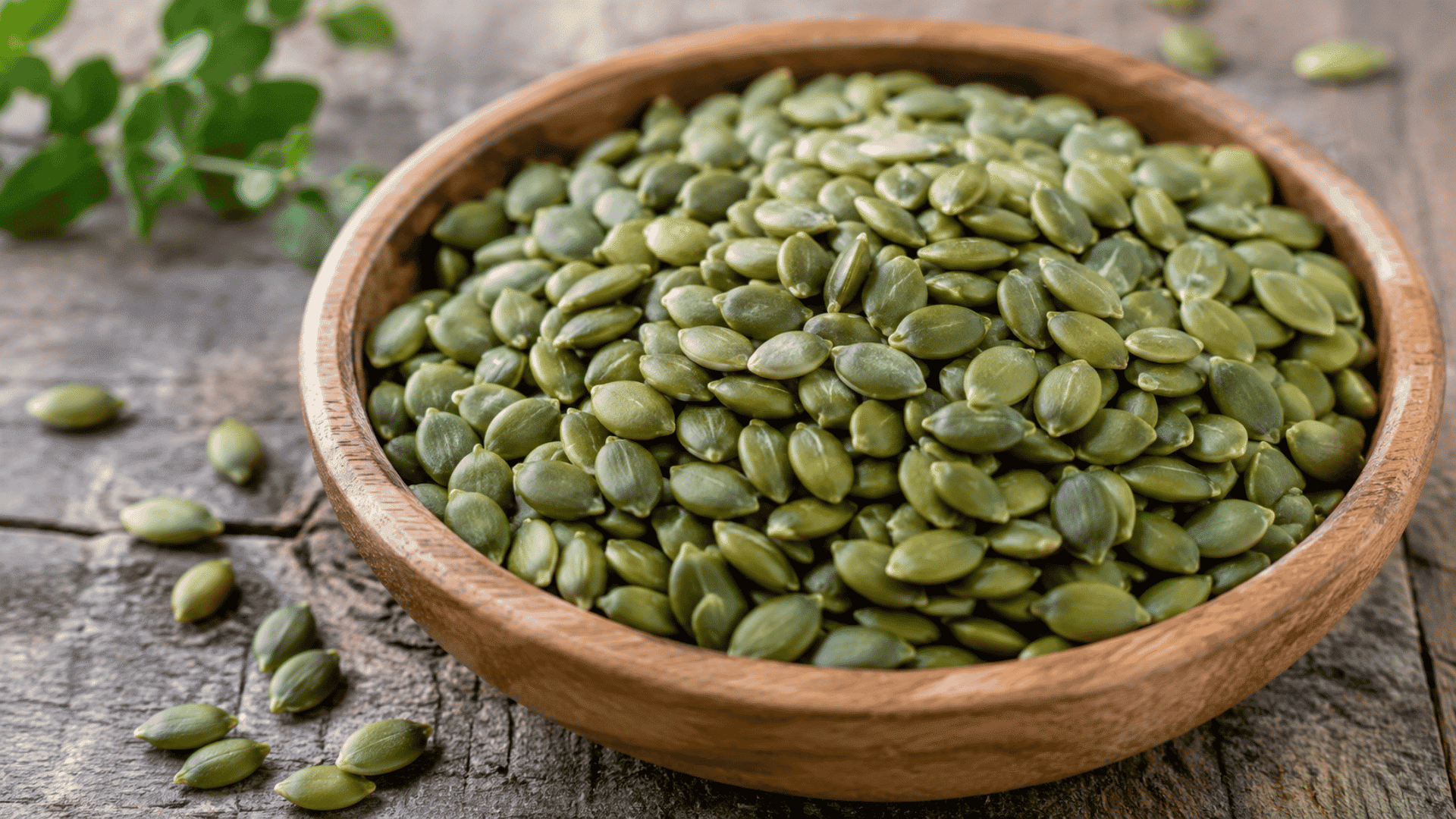 pumpkin seeds in a wooden bowl with a few scattered on a rustic table