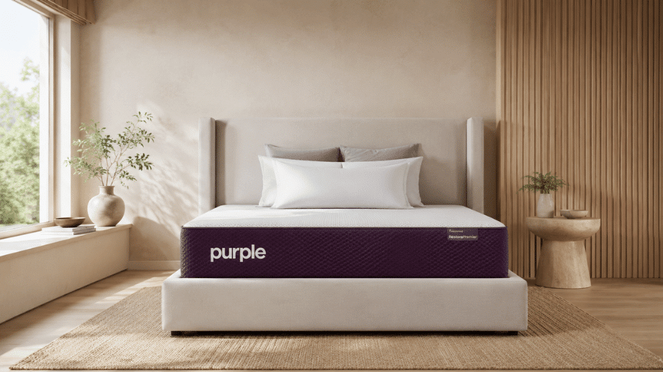 Purple mattress displayed in a bright Japandi-style bedroom