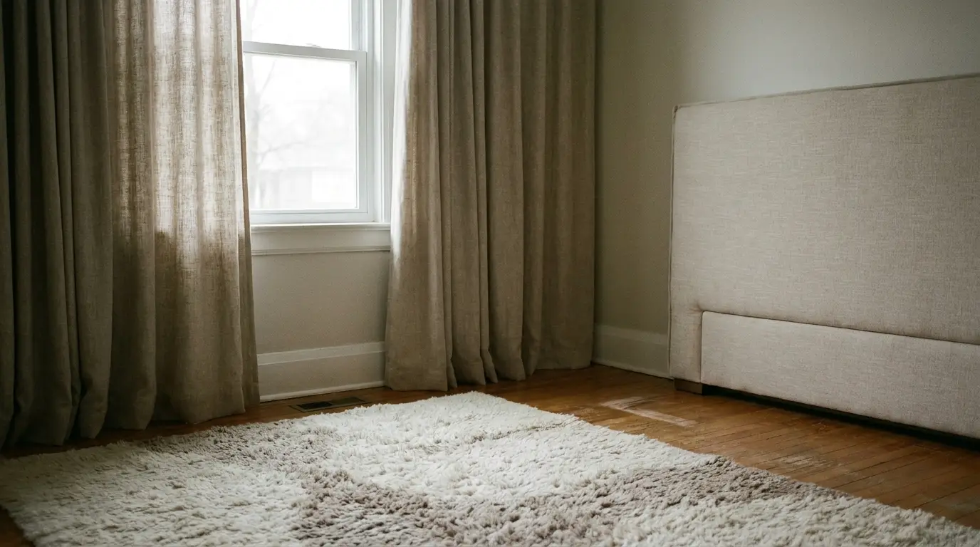 Beige room with large window, thick curtains, and soft shaggy rug on wooden floor