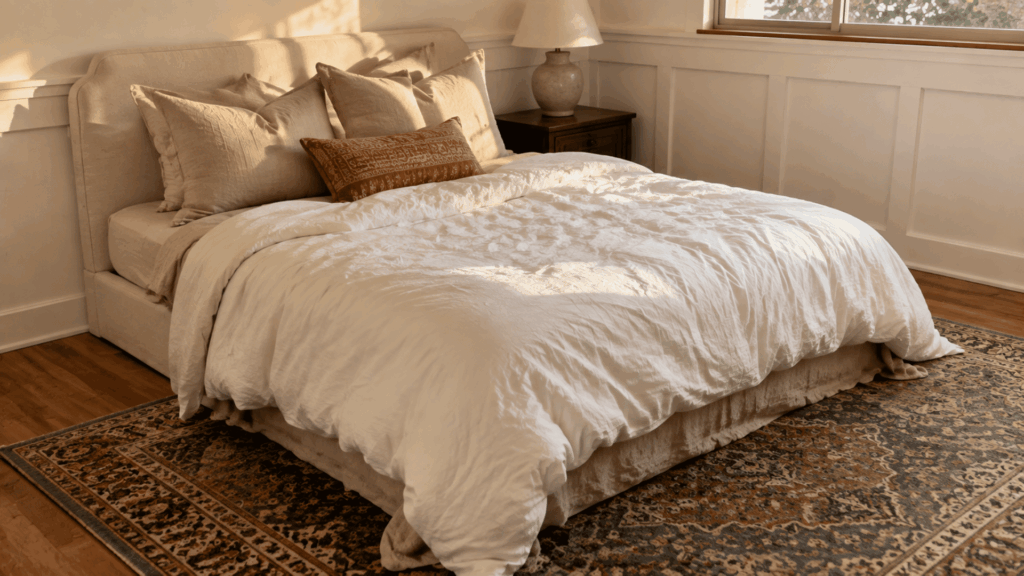 A cozy made bed with layered neutral bedding, linen pillows, and a vintage rug in a warm sunlit bedroom