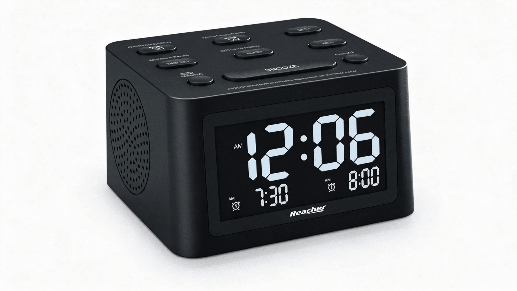reacher r3 alarm clock and sound machine with digital clock display, speaker grille, control buttons, and black rectangular design on a clean background