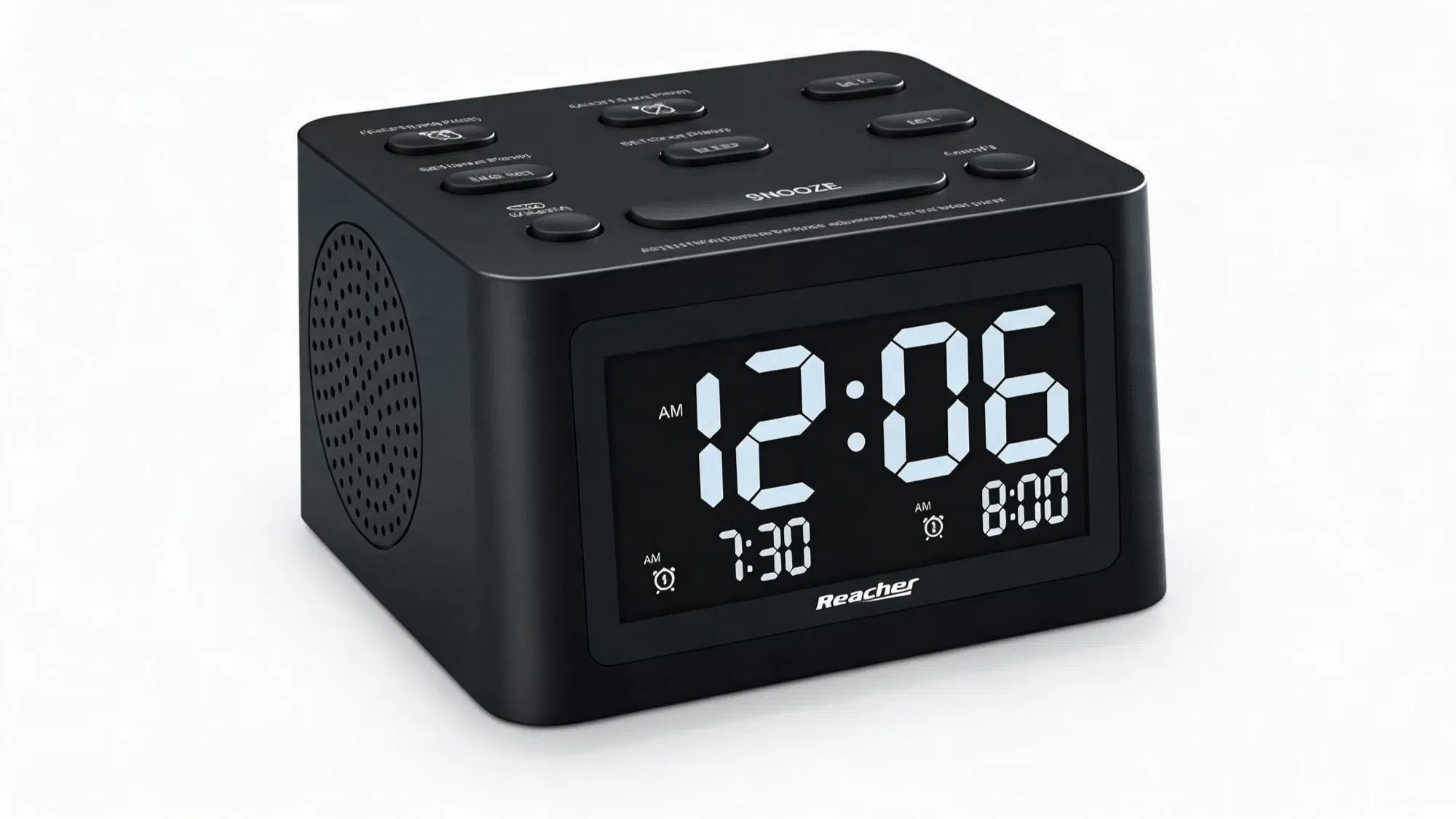 reacher r3 alarm clock and sound machine with digital clock display, speaker grille, control buttons, and black rectangular design on a clean background