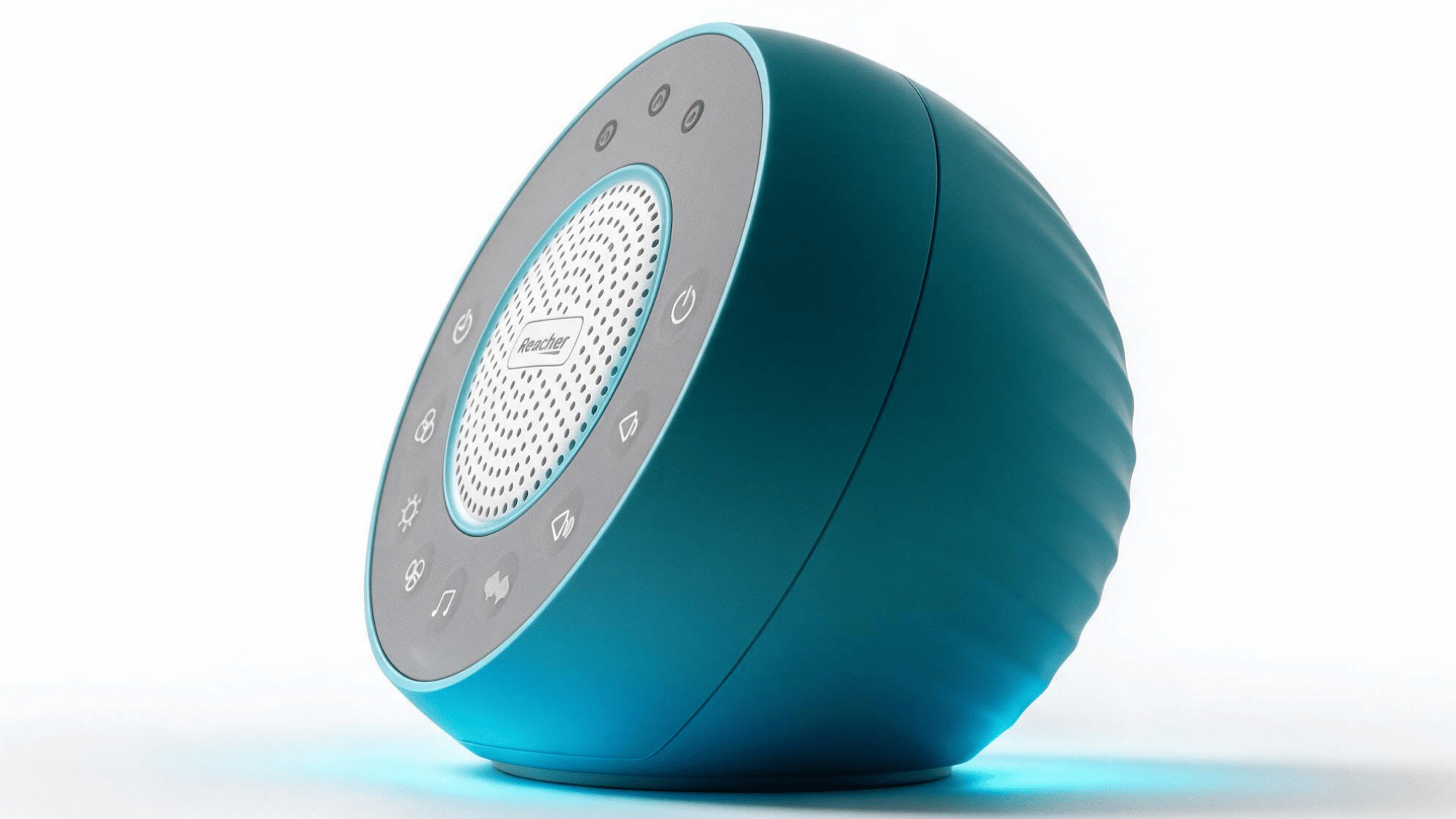 reacher white noise machine with oval design, speaker grille, sound buttons, and soft blue lighting on a clean background