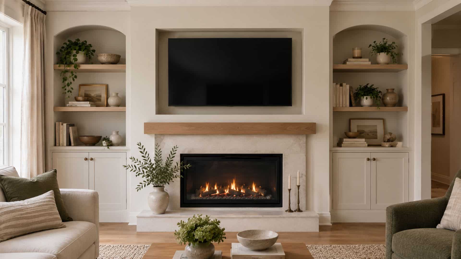 Recessed TV above a fireplace with floating mantel and contemporary living room seating