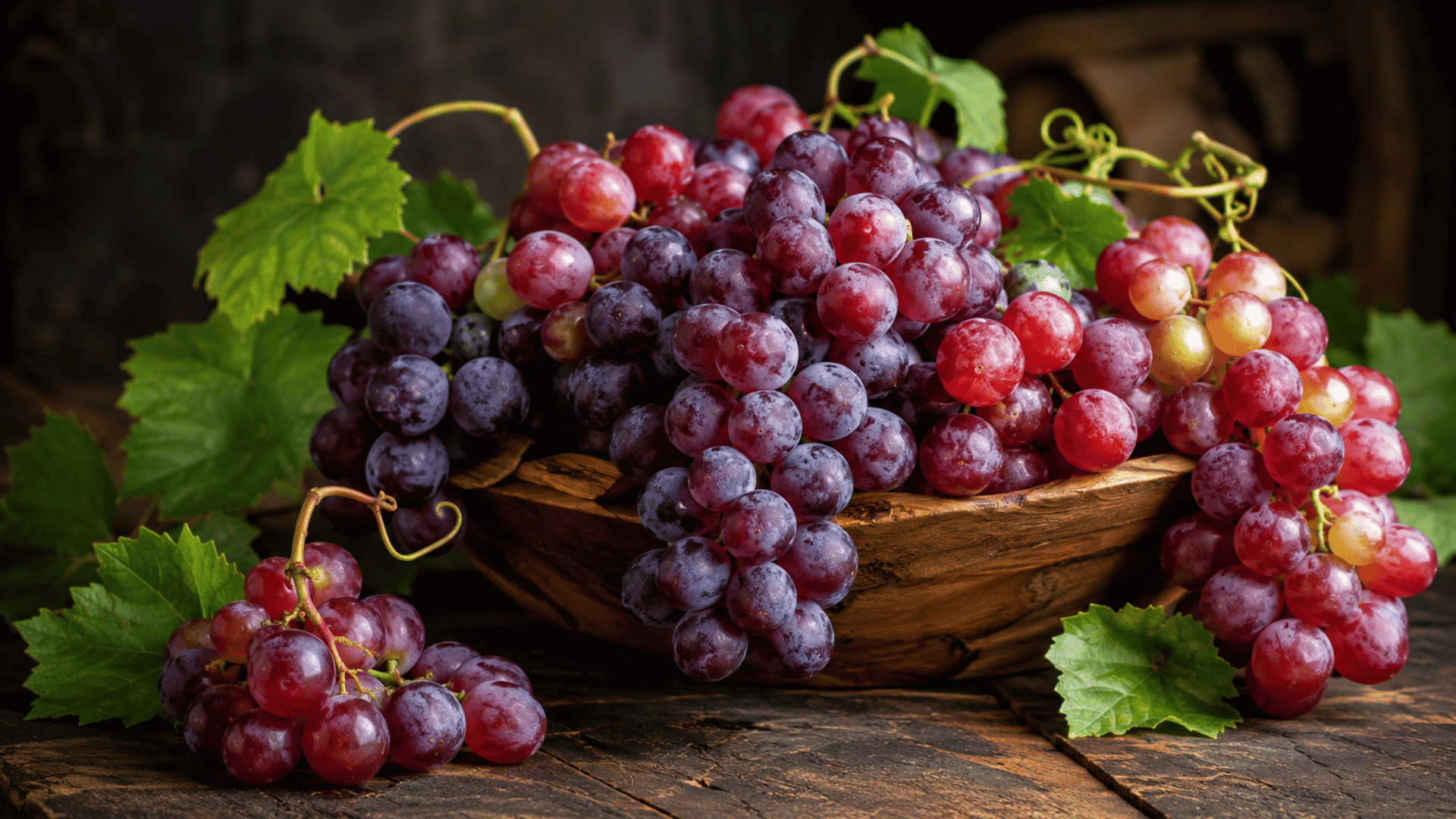 fresh red and purple grape clusters with green leaves in a wooden bowl