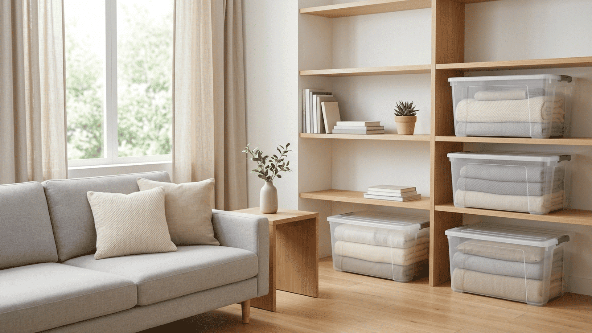 organized room with storage boxes holding blankets and fabrics