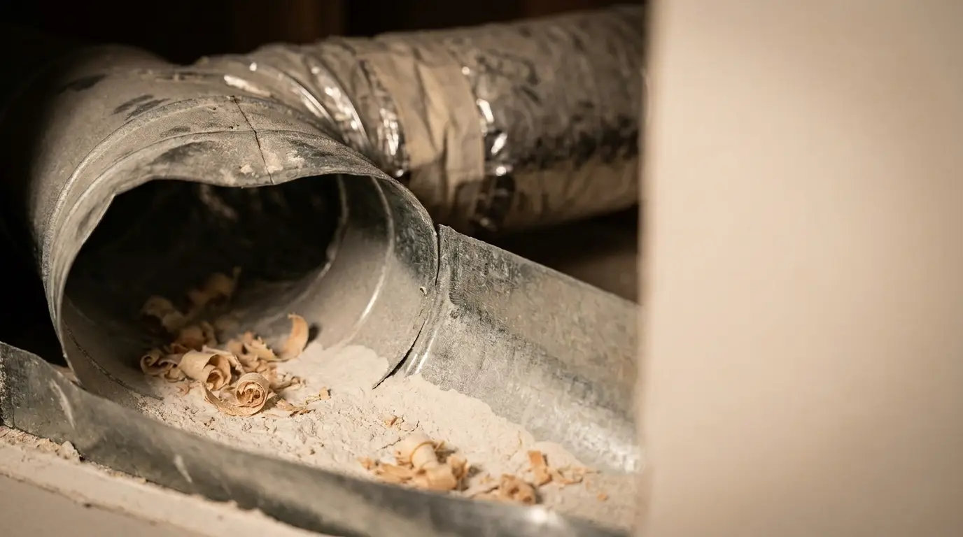Dusty HVAC duct with wood shavings inside in a dimly lit basement setting