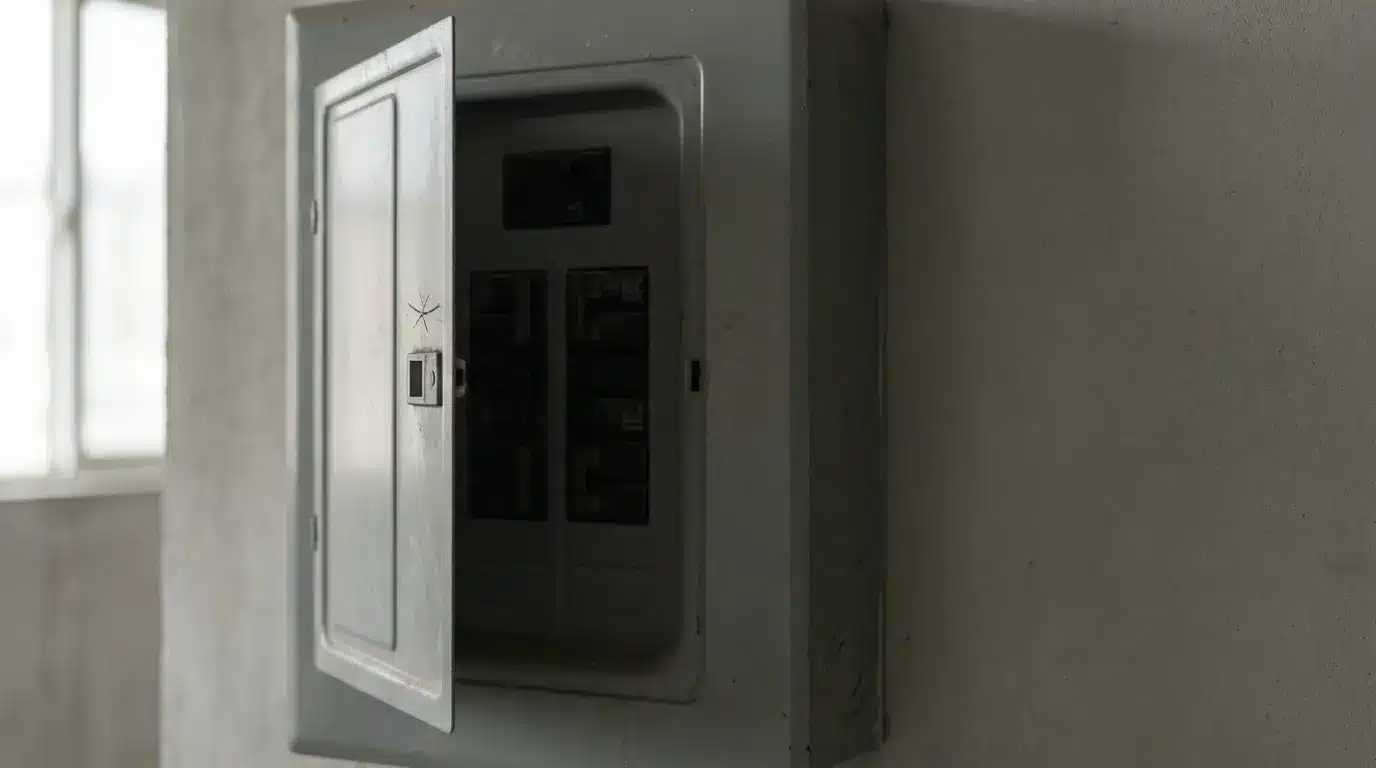 Electrical panel with open metal door in dimly lit industrial space