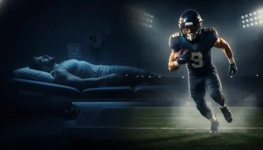 Football player running in stadium juxtaposed with man resting on medical bed in dim room