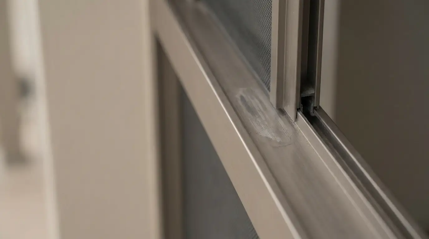 Close-up of sliding aluminum window frame with visible wear on tracks