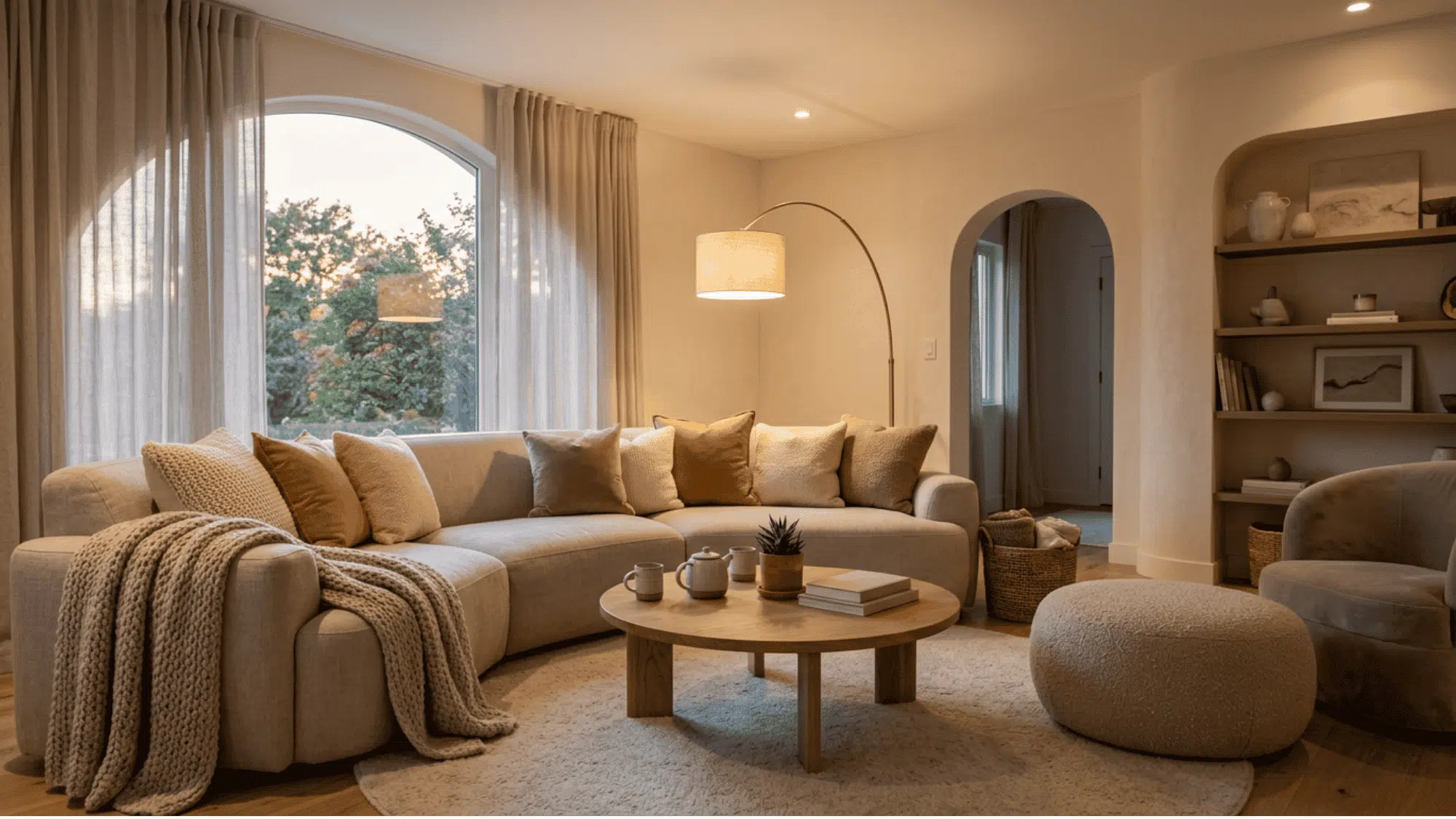 Warm living room with curved sofa, round coffee table, soft ottoman, and plush textures.