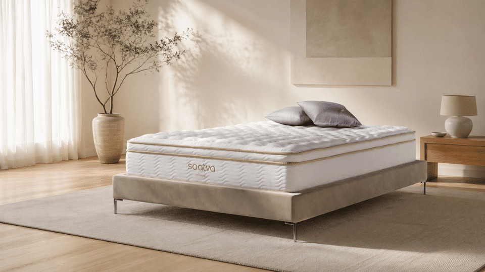 Saatva Classic mattress in a warm minimalist bedroom