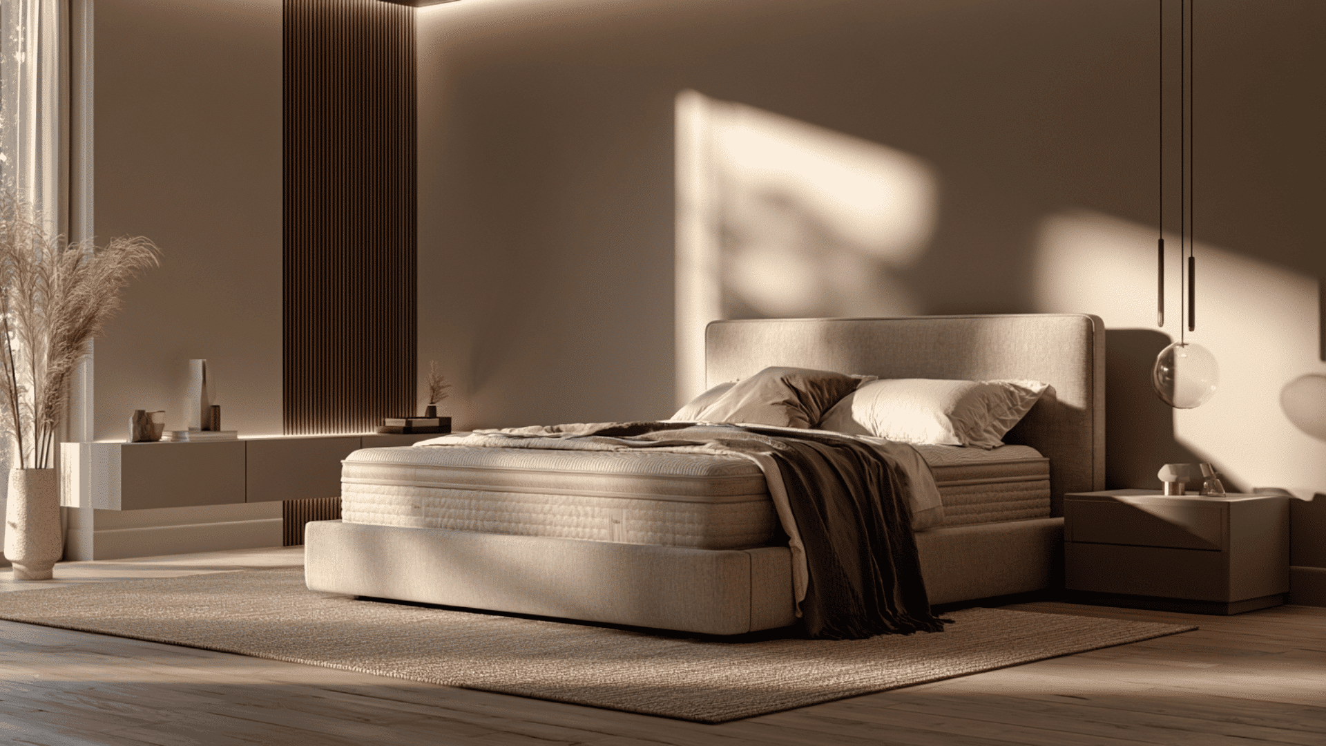 Saatva Latex Hybrid mattress on an upholstered bed in a bright, modern bedroom.