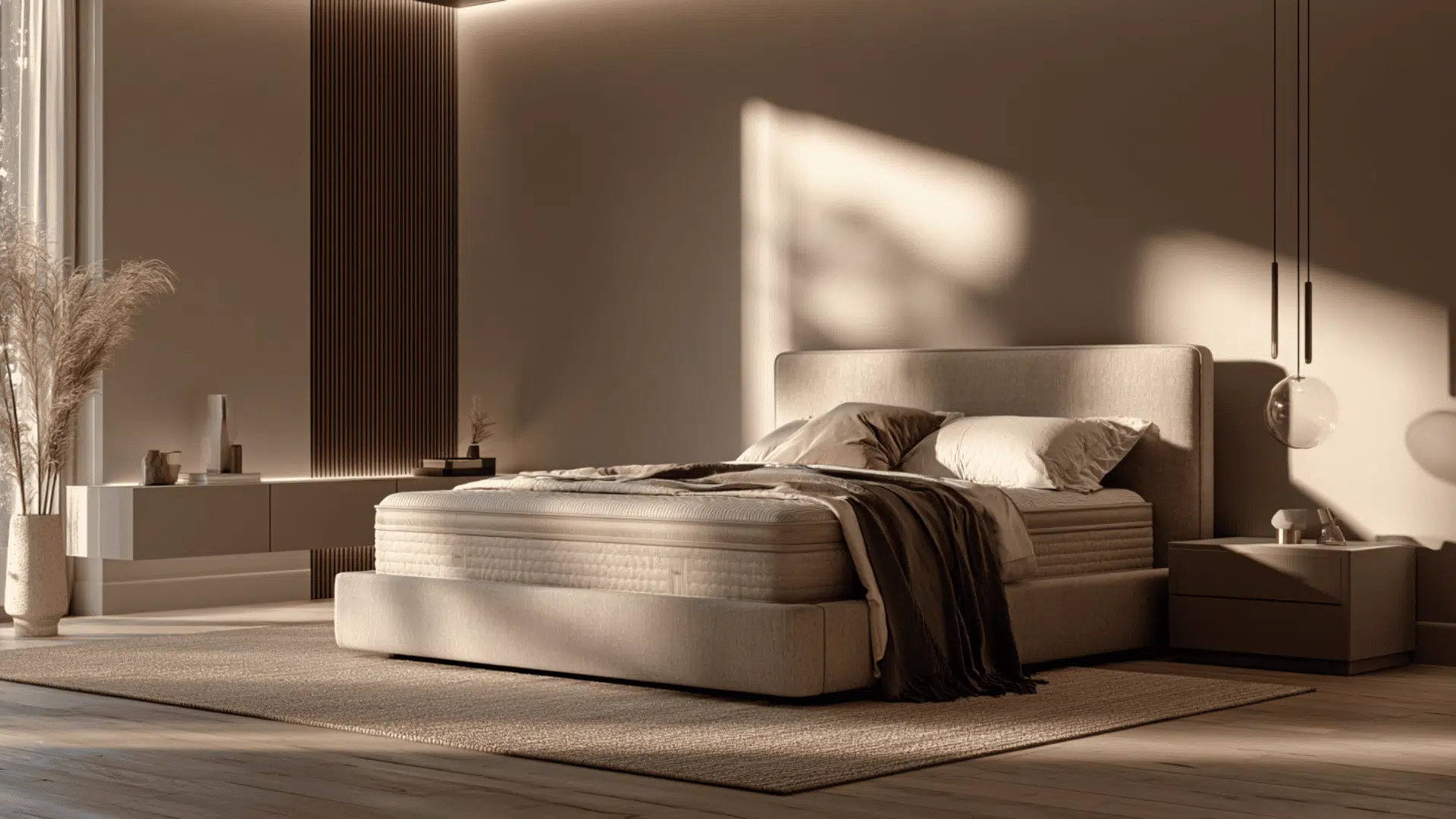 Saatva Latex Hybrid mattress on an upholstered bed in a bright, modern bedroom.