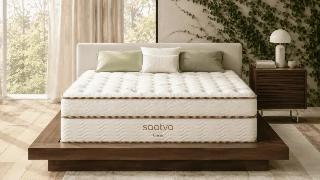 Saatva Classic mattress on a walnut platform bed in a bright bedroom with natural light.