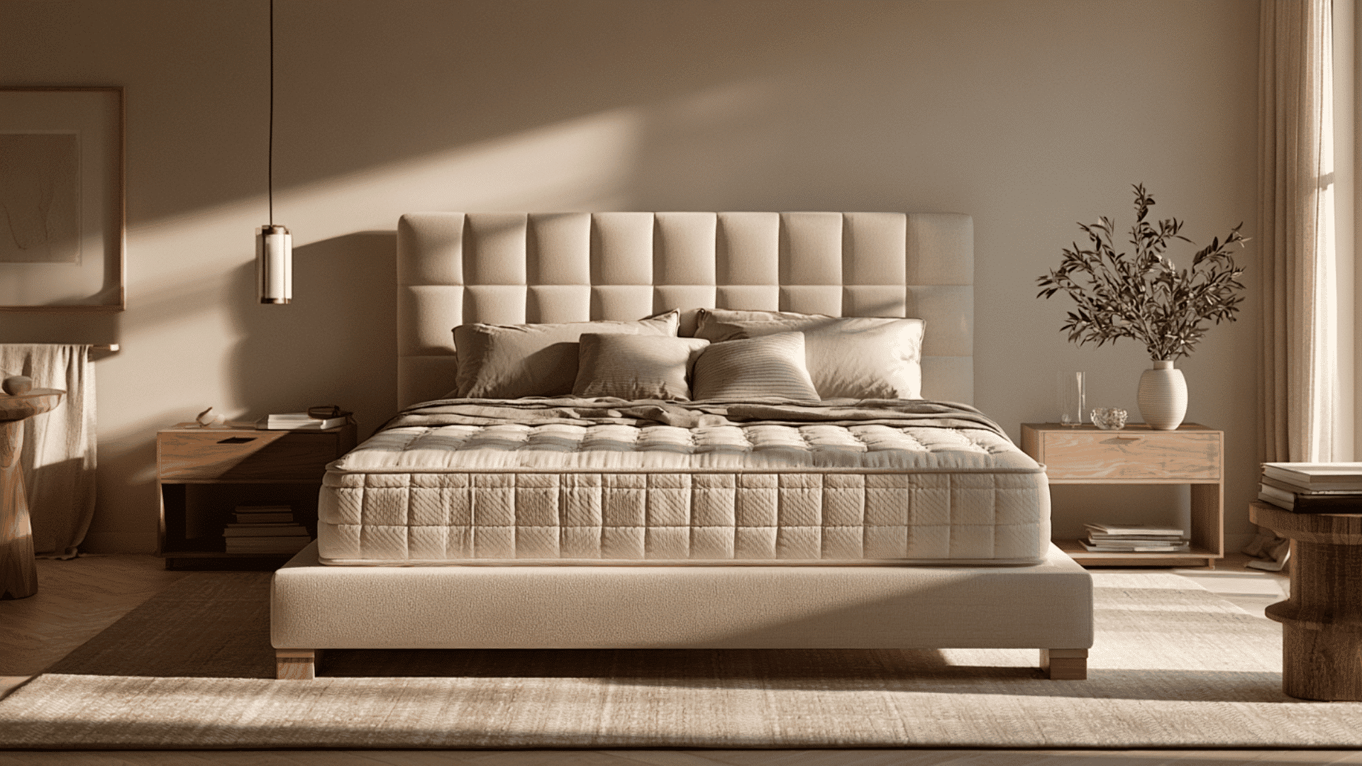 Saatva Zenhaven latex mattress on an upholstered bed in a warm, elegant luxury bedroom.