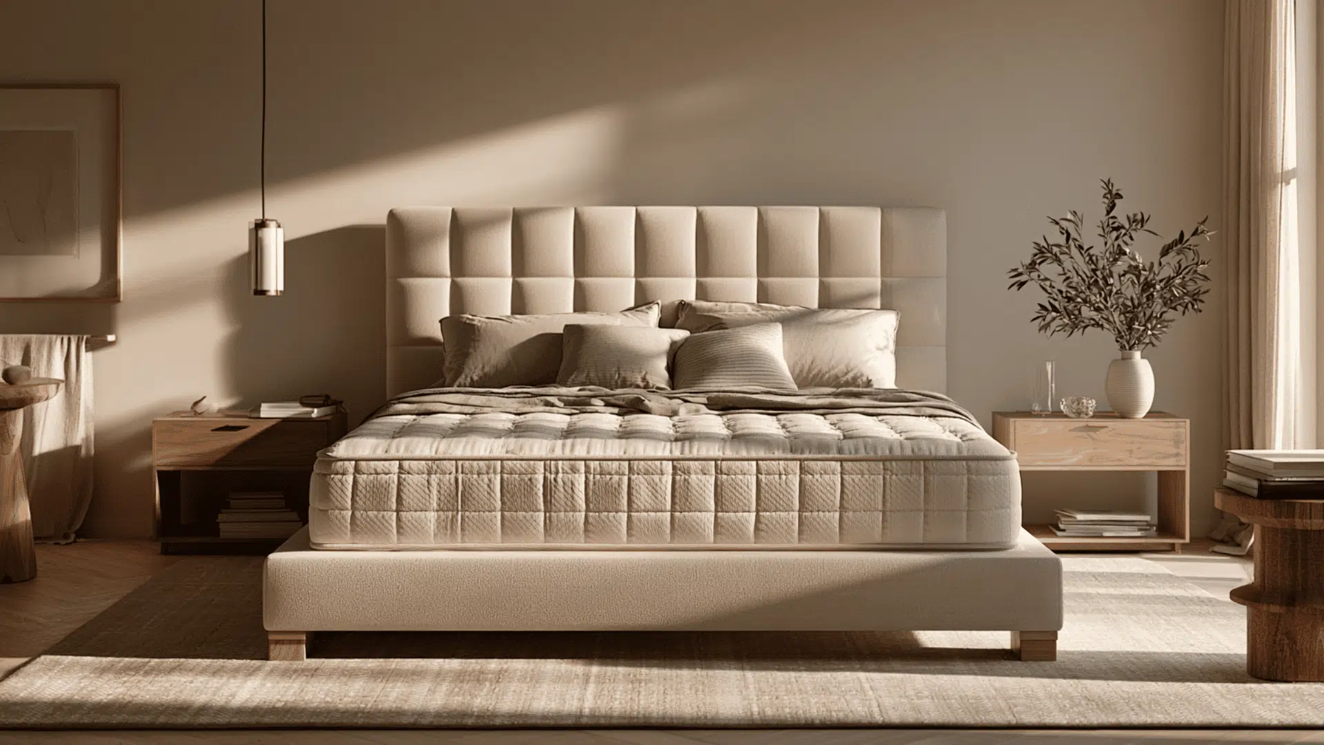 Saatva Zenhaven latex mattress on an upholstered bed in a warm, elegant luxury bedroom.