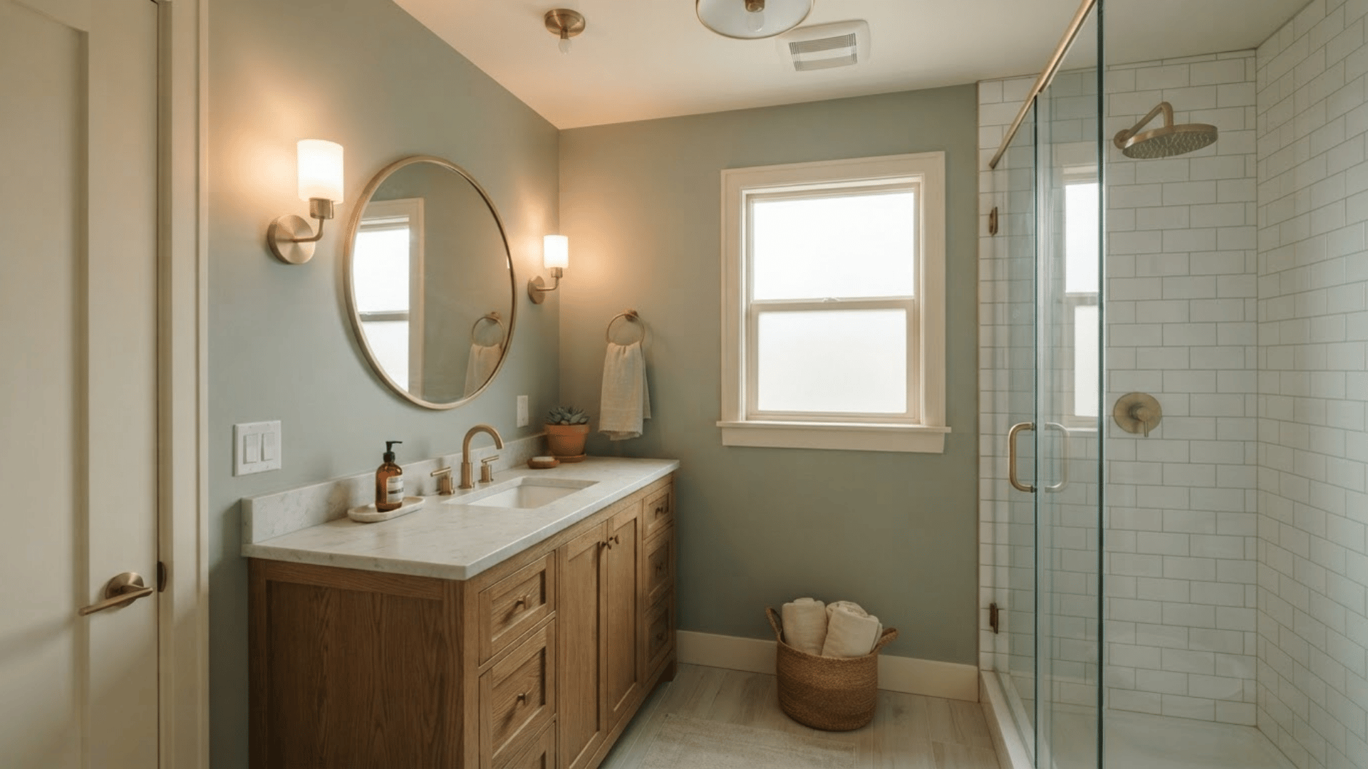 sage green bathroom with wood vanity, white tile, brass fixtures, and natural light