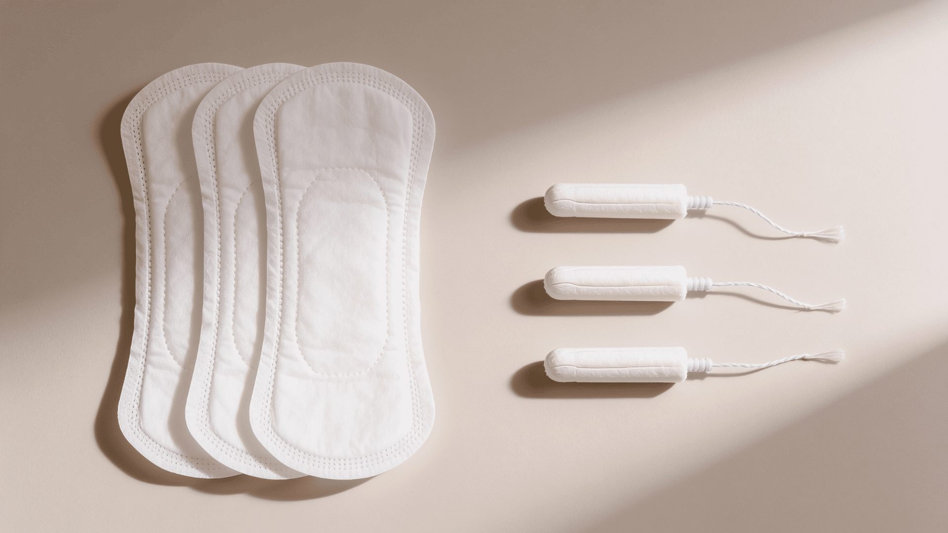 sanitary pads and tampons arranged side by side on a neutral background