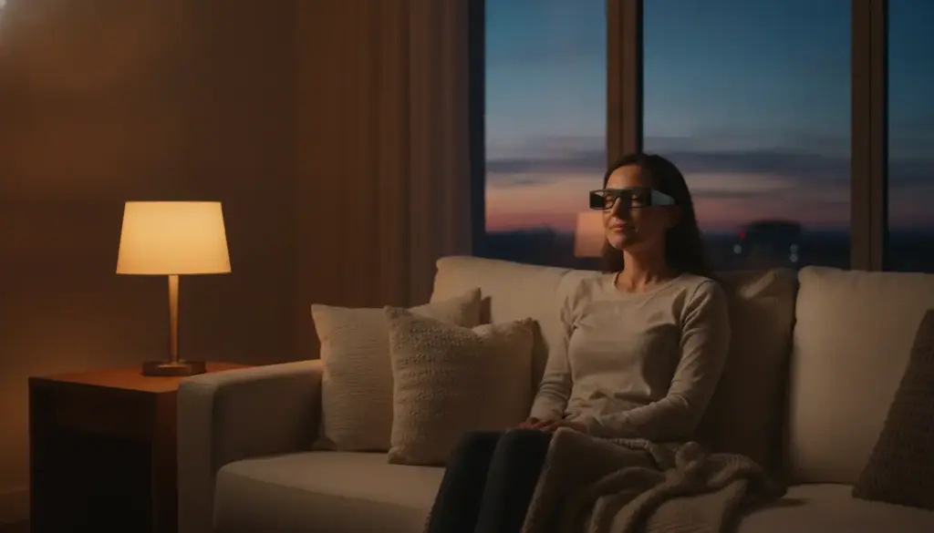 Woman sitting on sofa wearing VR headset in cozy living room at dusk