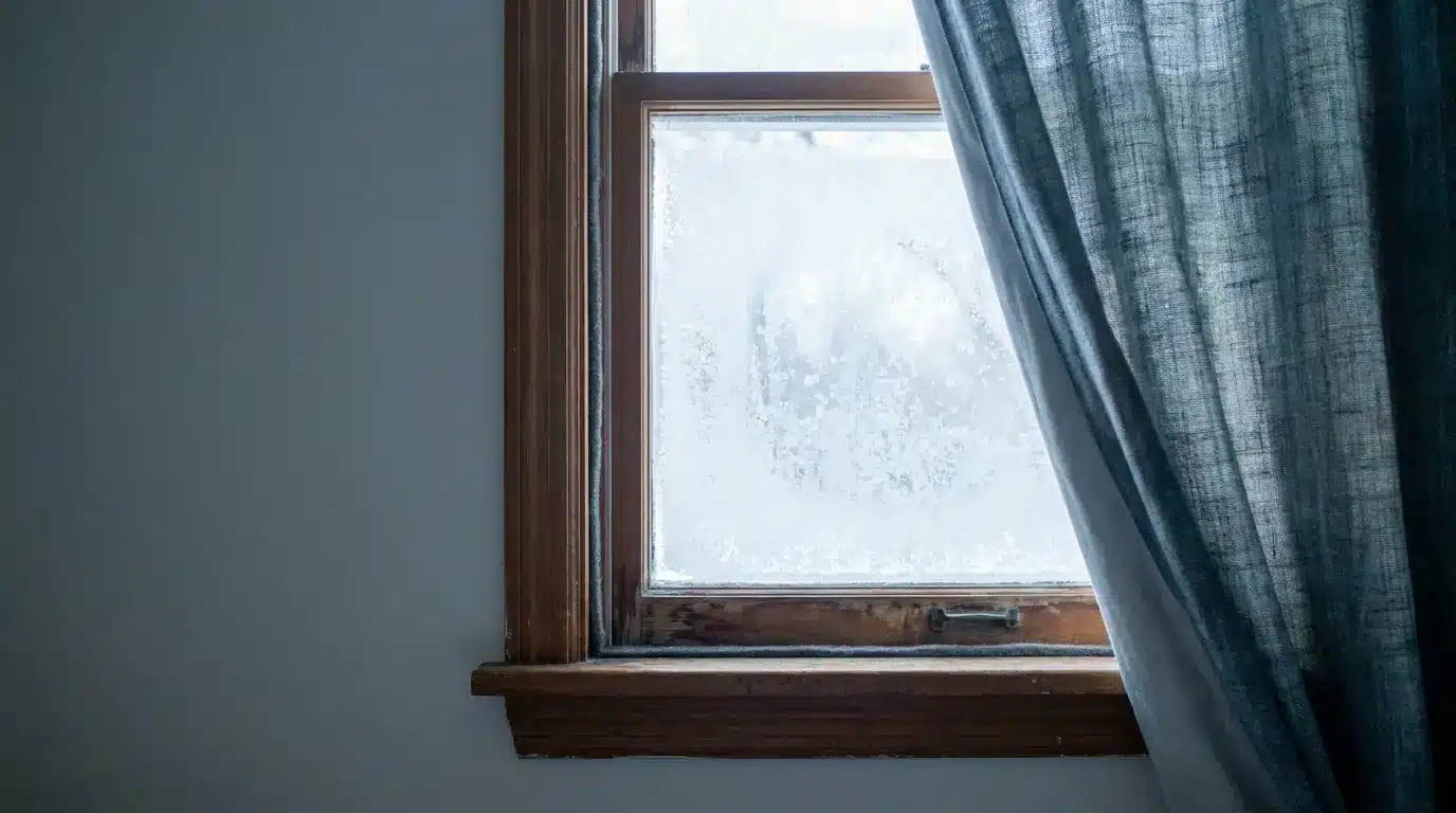 Frosted window with wooden frame and blue curtain in a dimly lit room