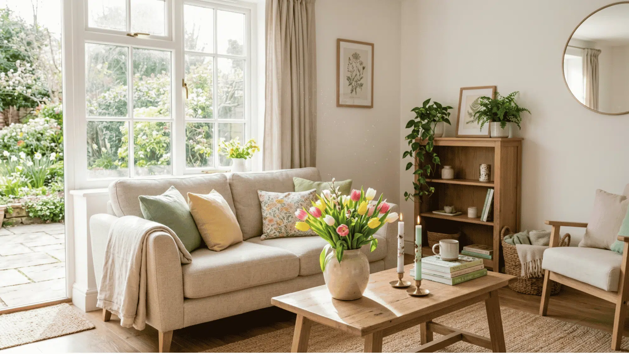 Cozy living room with seasonal pillows, throw blankets, candles, branches, and neutral decor.