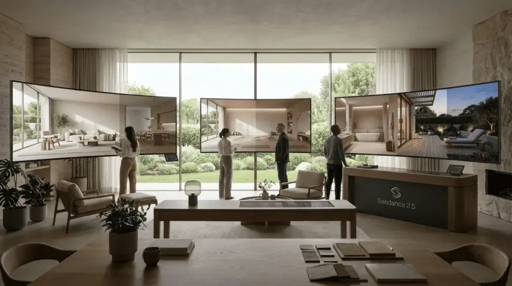 People viewing large architectural display screens in a modern living room with natural lighting