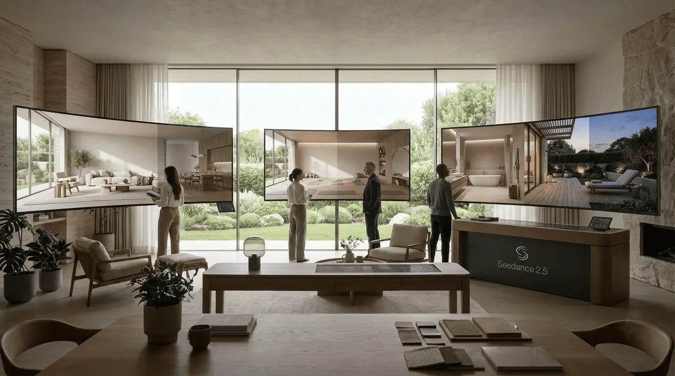 People viewing large architectural display screens in a modern living room with natural lighting