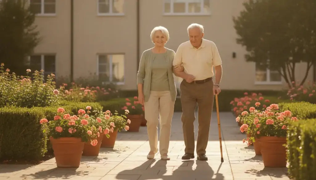 Elderly couple walking in sunny garden with pink flowers and trimmed hedges