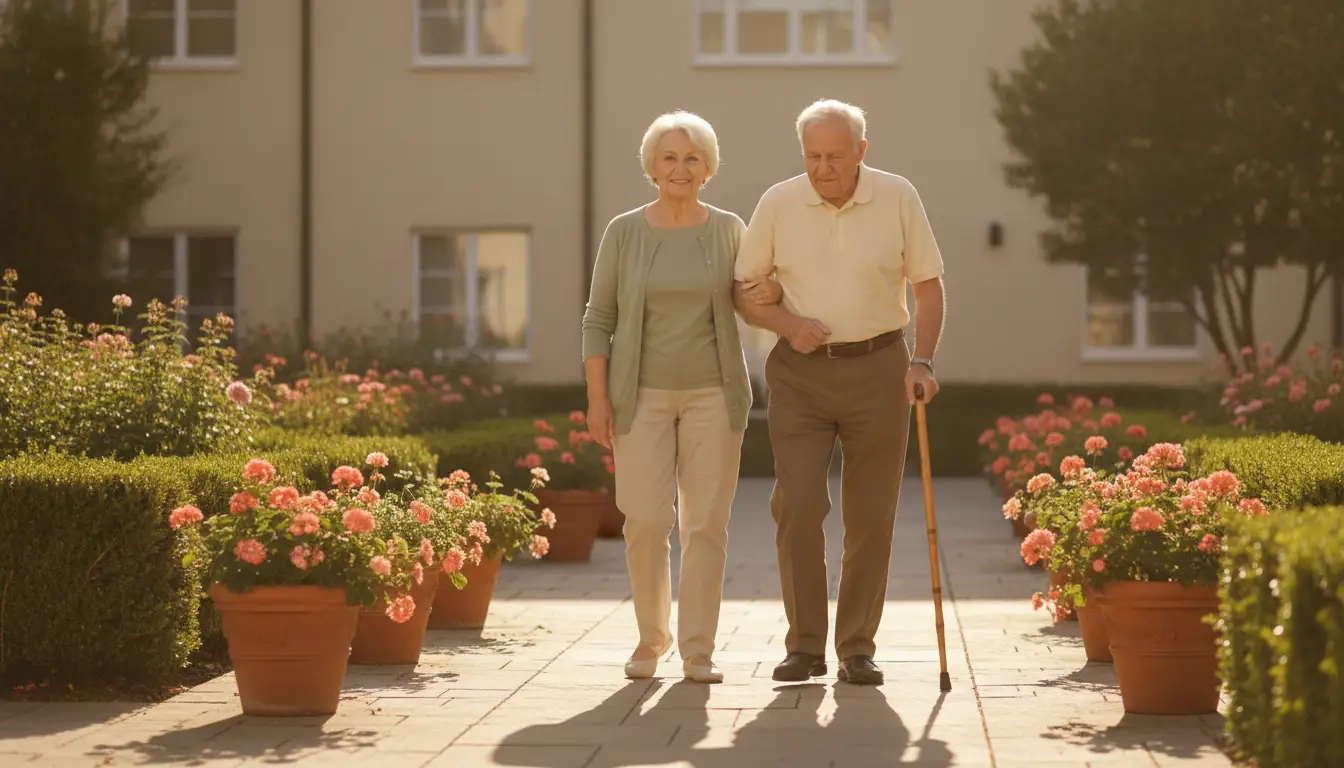 Elderly couple walking in sunny garden with pink flowers and trimmed hedges