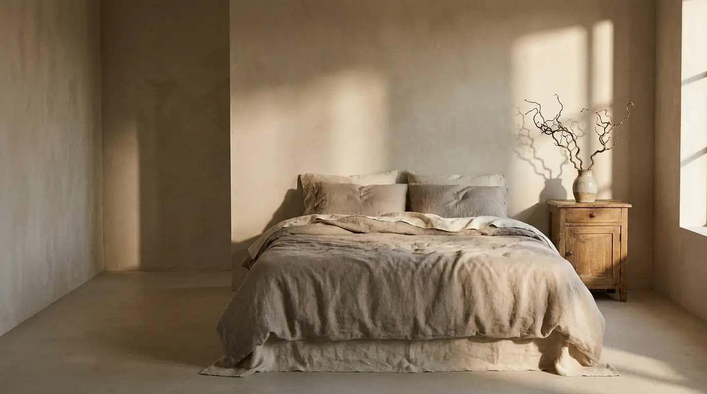 Natural-toned bed with linen bedding beside rustic wooden nightstand in minimalist sunlit bedroom